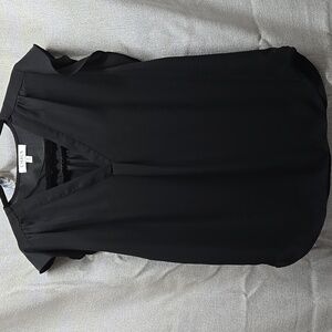 Women's Top, Med, Sheer, Blouse, CHAUS NY, Flounce, V-neck, Black, Pleated